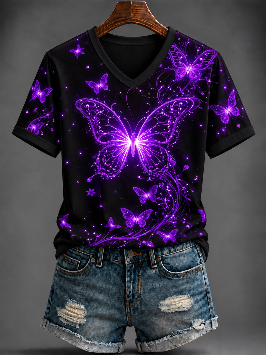 Women's Purple Art Printed V-neck T-shirt