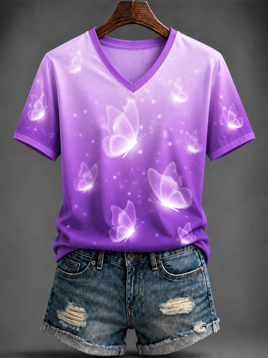 Women's Purple Art Printed V-neck T-shirt