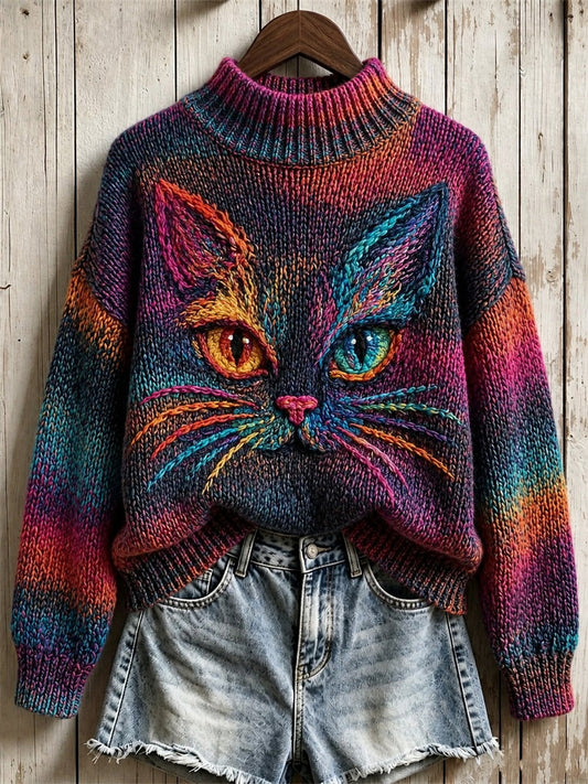 Women's Vintage Cat Face Art Colorful Gradient Print Turtleneck sweater