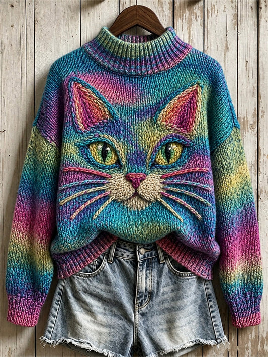Women's Vintage Cat Face Art Colorful Gradient Print Turtleneck sweater