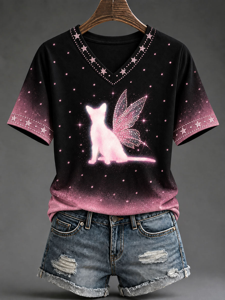 Women's Breast Cancer Awareness Pink Cat Print T-Shirt