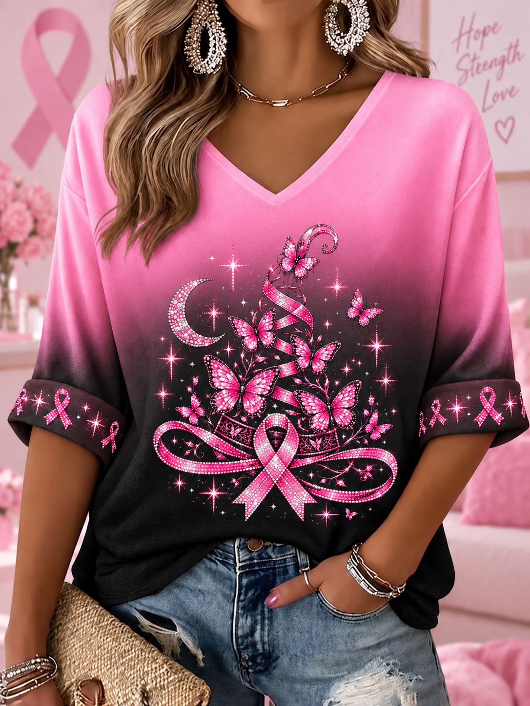 Women's Breast Cancer Mid-length Sleeves V-Neck T-Shirt