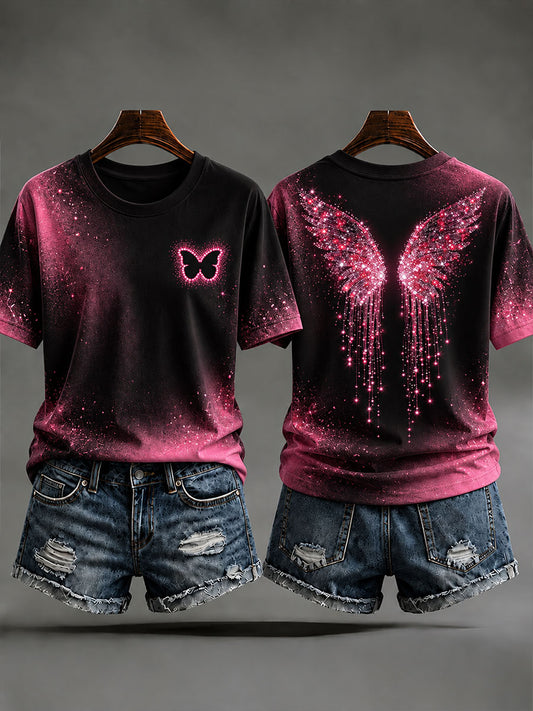 Women's Pink Butterfly Print Breast Cancer Awareness T-Shirt