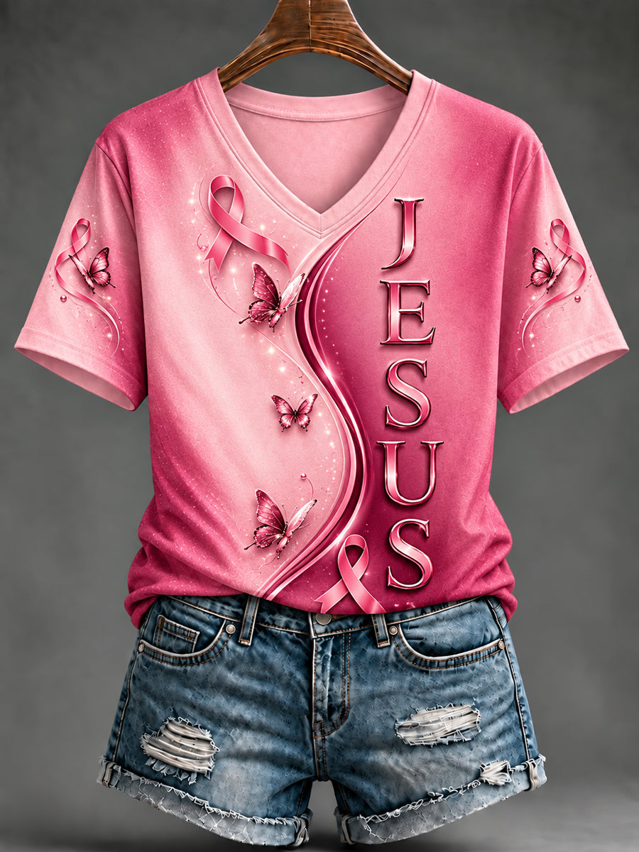 Women's Breast Cancer Awareness Pink Ribbon Support Short Sleeve T-Shirt