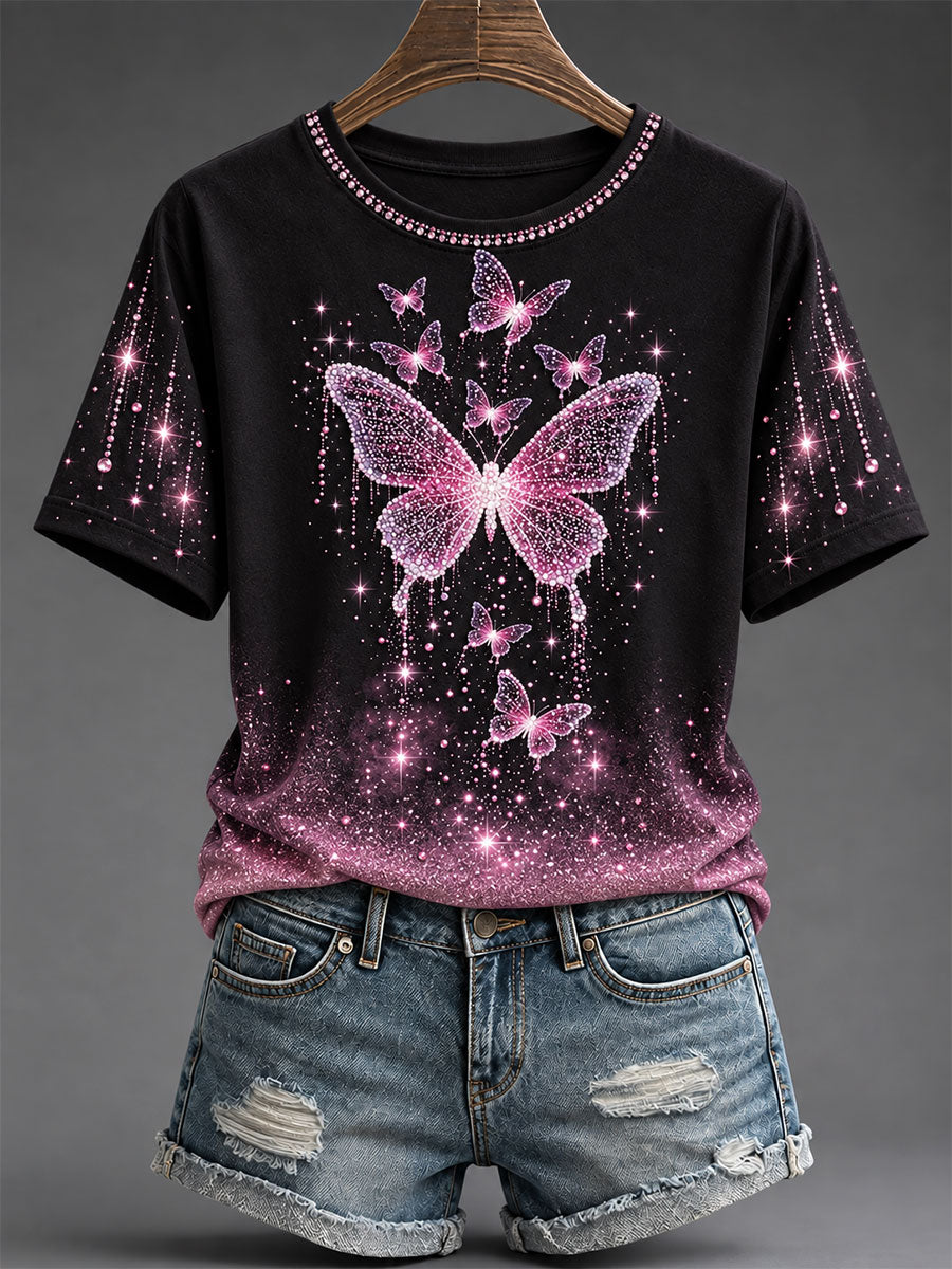 Women's Pink Butterfly Print Breast Cancer Awareness T-Shirt