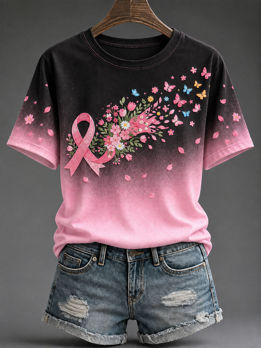 Women's Pink Butterfly Print Breast Cancer Awareness T-Shirt