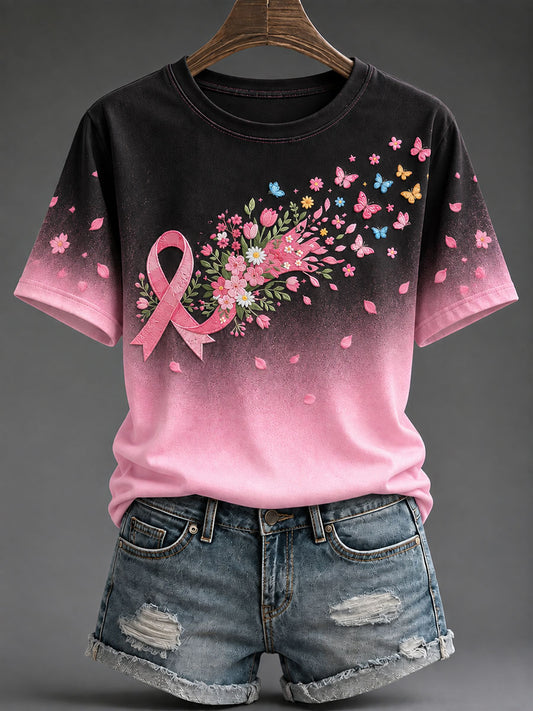 Women's Pink Butterfly Print Breast Cancer Awareness T-Shirt