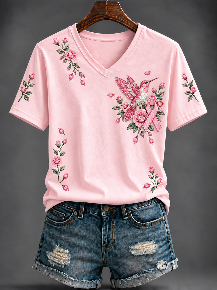 Women's Breast Cancer Pink Printed V-neck T-shirt