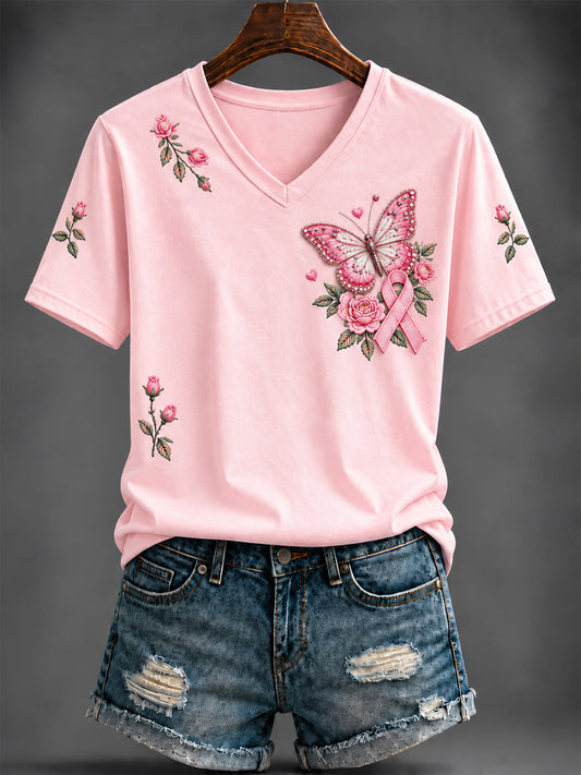 Women's Breast Cancer Pink Printed V-neck T-shirt