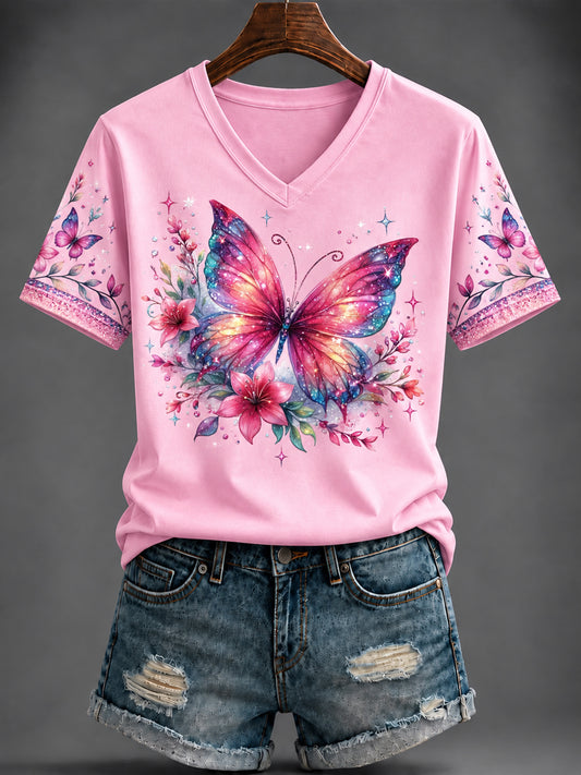 Women's Breast Cancer Pink Printed V-neck T-shirt