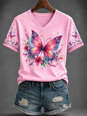 Women's Breast Cancer Pink Printed V-neck T-shirt