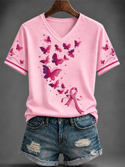 Women's Breast Cancer Pink Printed V-neck T-shirt