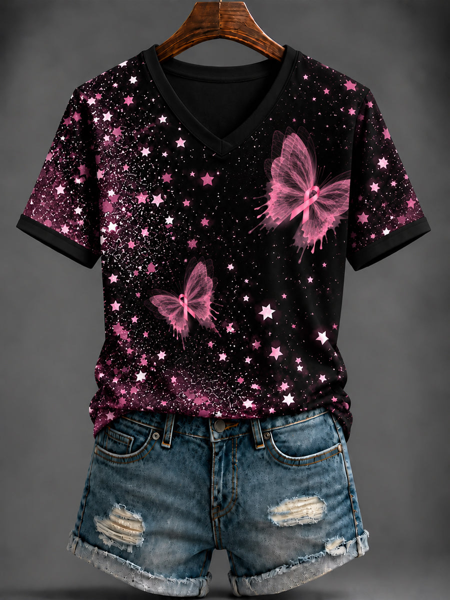 Women's Breast Cancer Pink Printed V-neck T-shirt