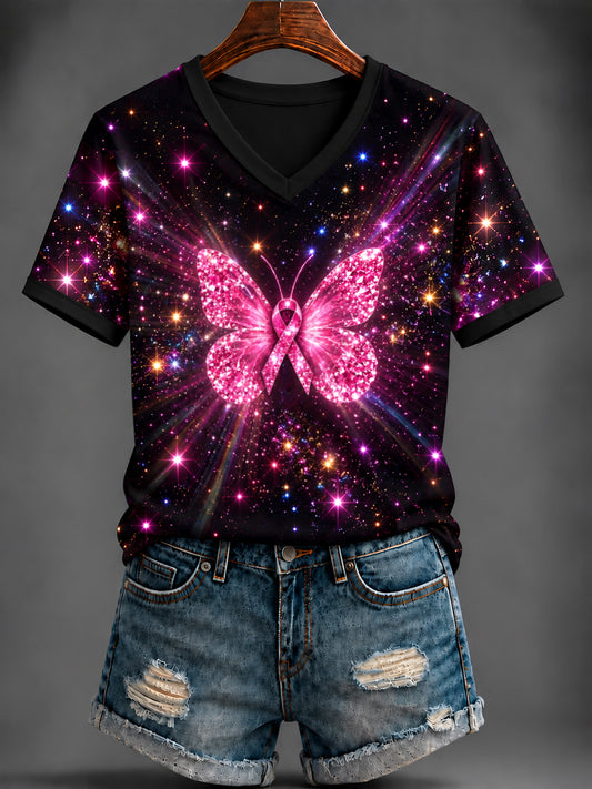 Women's Breast Cancer Pink Printed V-neck T-shirt