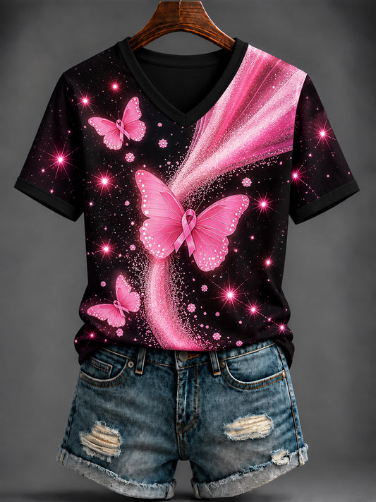 Women's Breast Cancer Pink Printed V-neck T-shirt