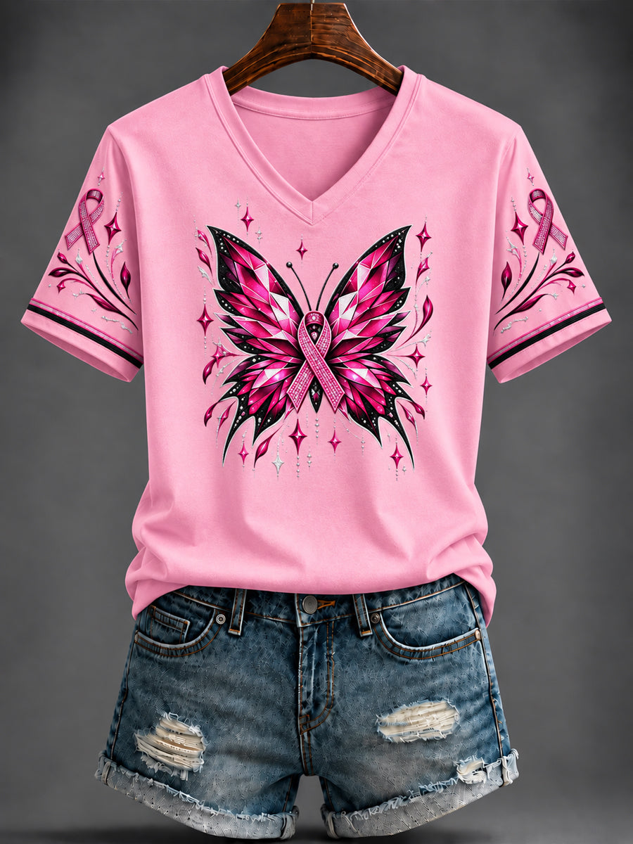 Women's Breast Cancer Pink Printed V-neck T-shirt