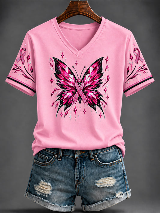 Women's Breast Cancer Pink Printed V-neck T-shirt