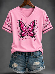 Women's Breast Cancer Pink Printed V-neck T-shirt
