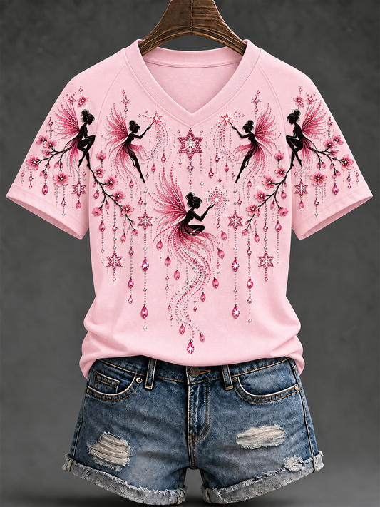 Women's Breast Cancer V-neck Off-shoulder Short-sleeved T-shirt