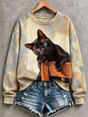 Women's Oil Paint Style Cat Art Regular Sweatshirt