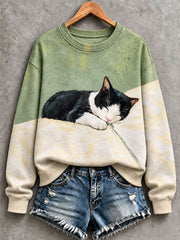 Women's Oil Paint Style Cat Art Regular Sweatshirt