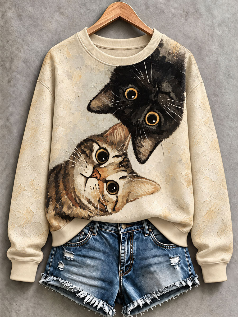 Women's Oil Paint Style Cat Art Regular Sweatshirt