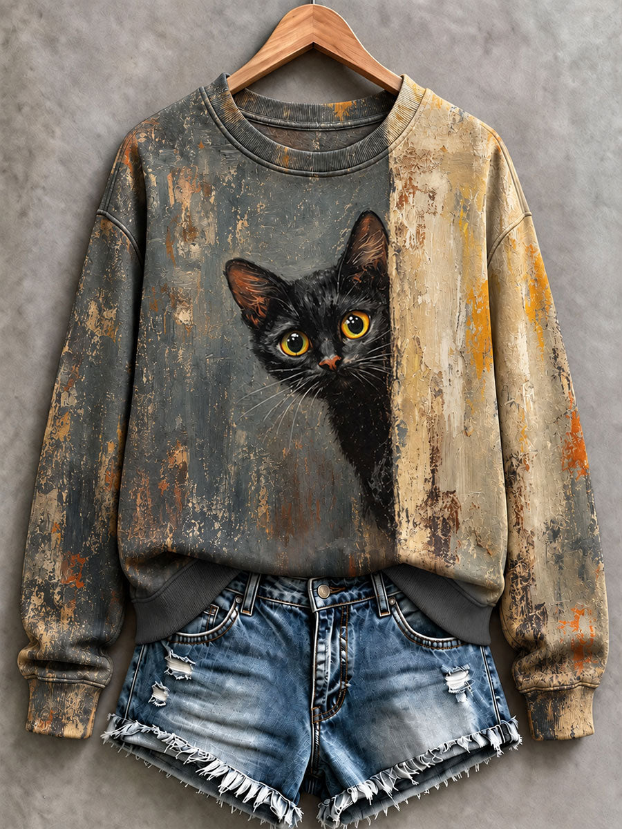 Women's Oil Paint Style Cat Art Regular Sweatshirt