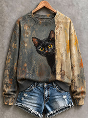 Women's Oil Paint Style Cat Art Regular Sweatshirt