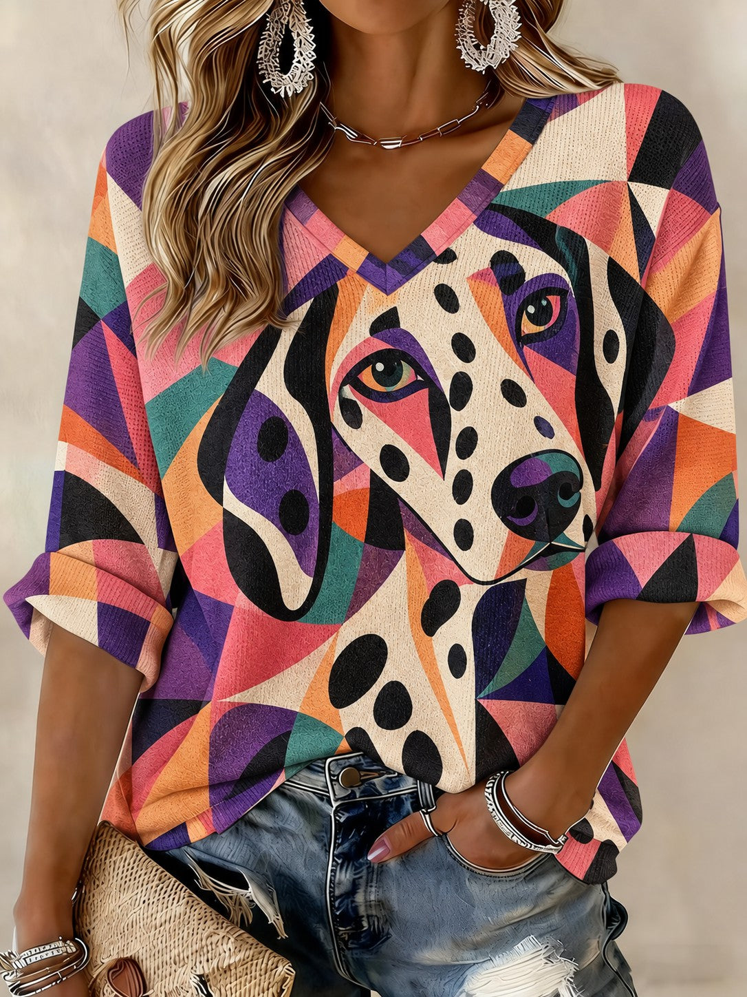 Women's Art Dog Printed Mid-length Sleeves V-neck T-shirt