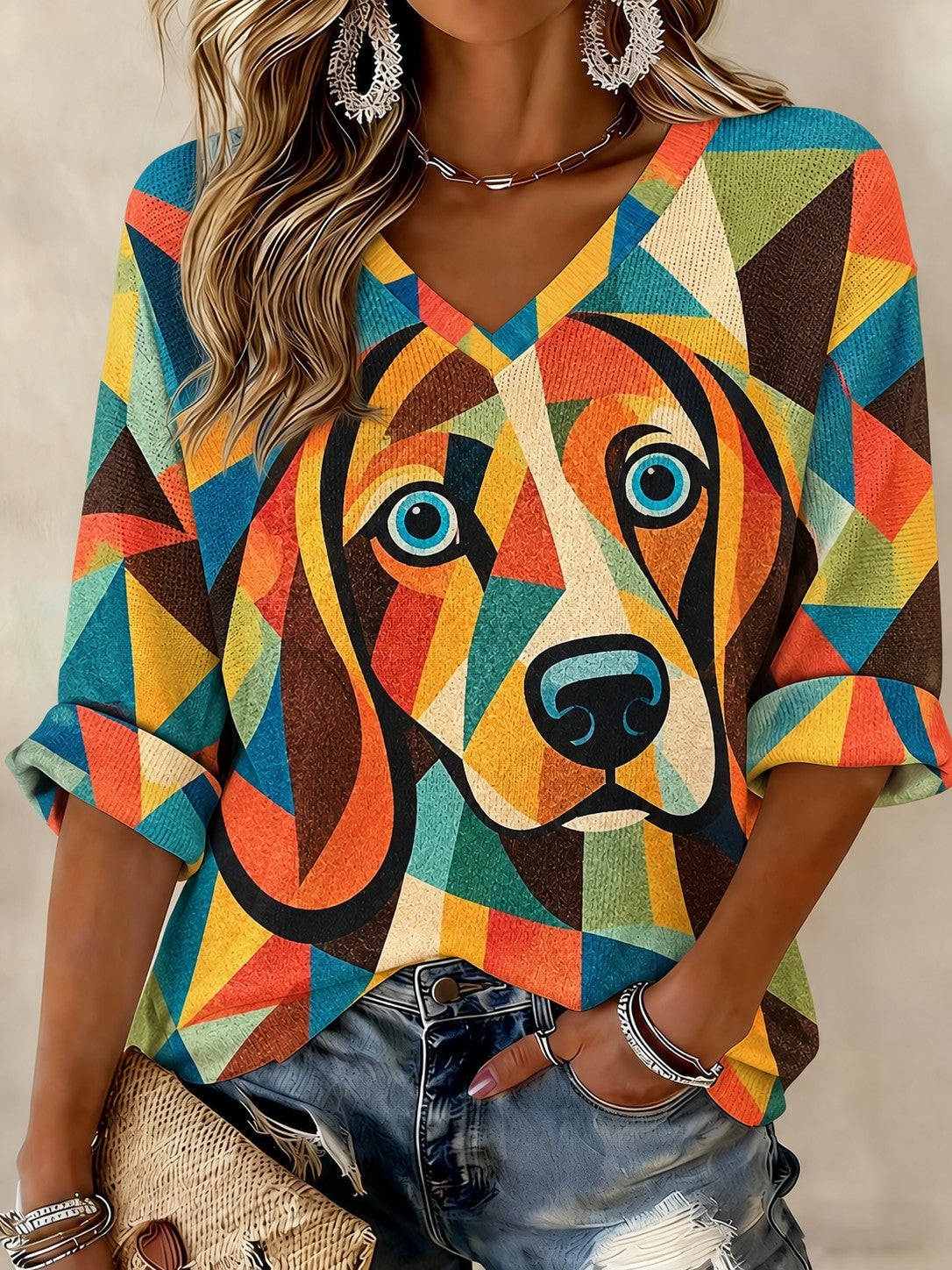 Women's Art Dog Printed Mid-length Sleeves V-neck T-shirt