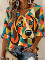 Women's Art Dog Printed Mid-length Sleeves V-neck T-shirt
