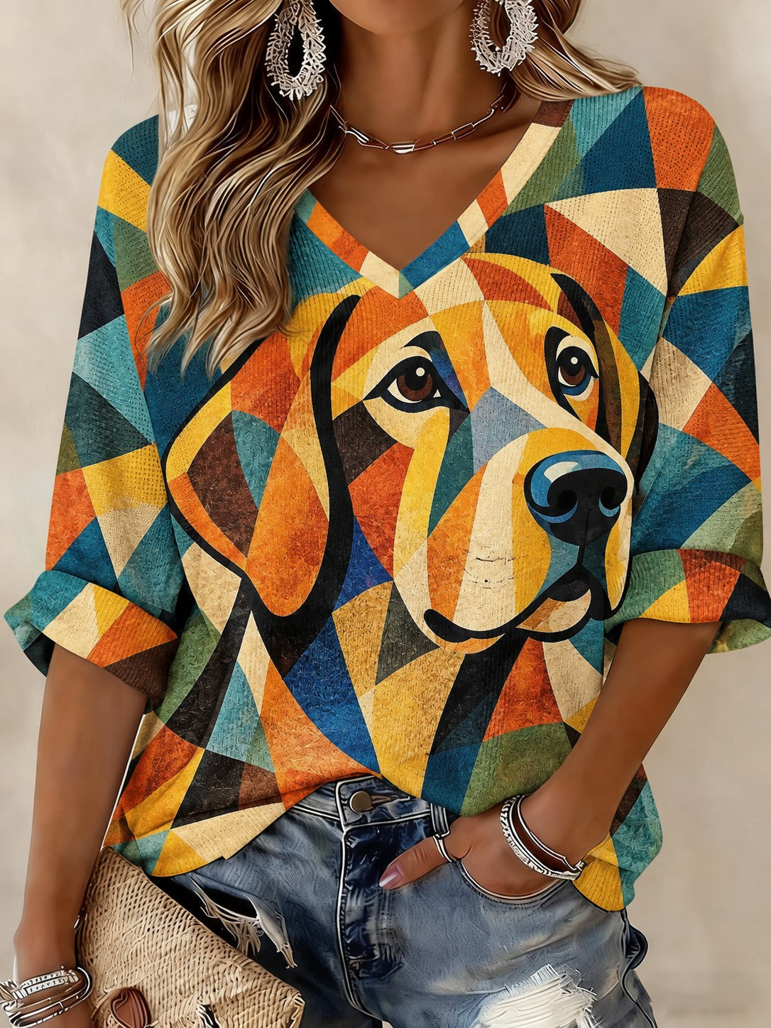 Women's Art Dog Printed Mid-length Sleeves V-neck T-shirt