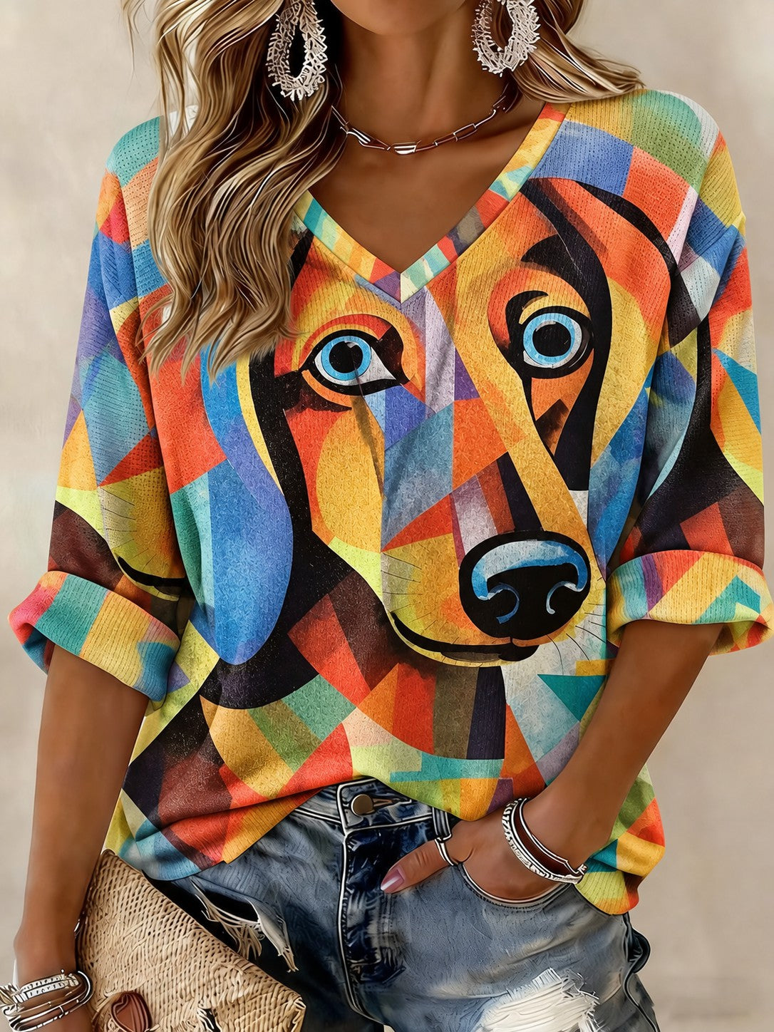 Women's Art Dog Printed Mid-length Sleeves V-neck T-shirt