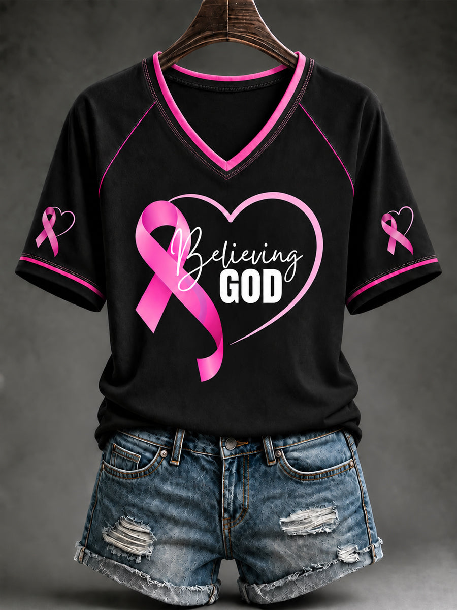 Women's Breast Cancer Awareness Pink Ribbon Support V-neck  Short Sleeve T-shirt