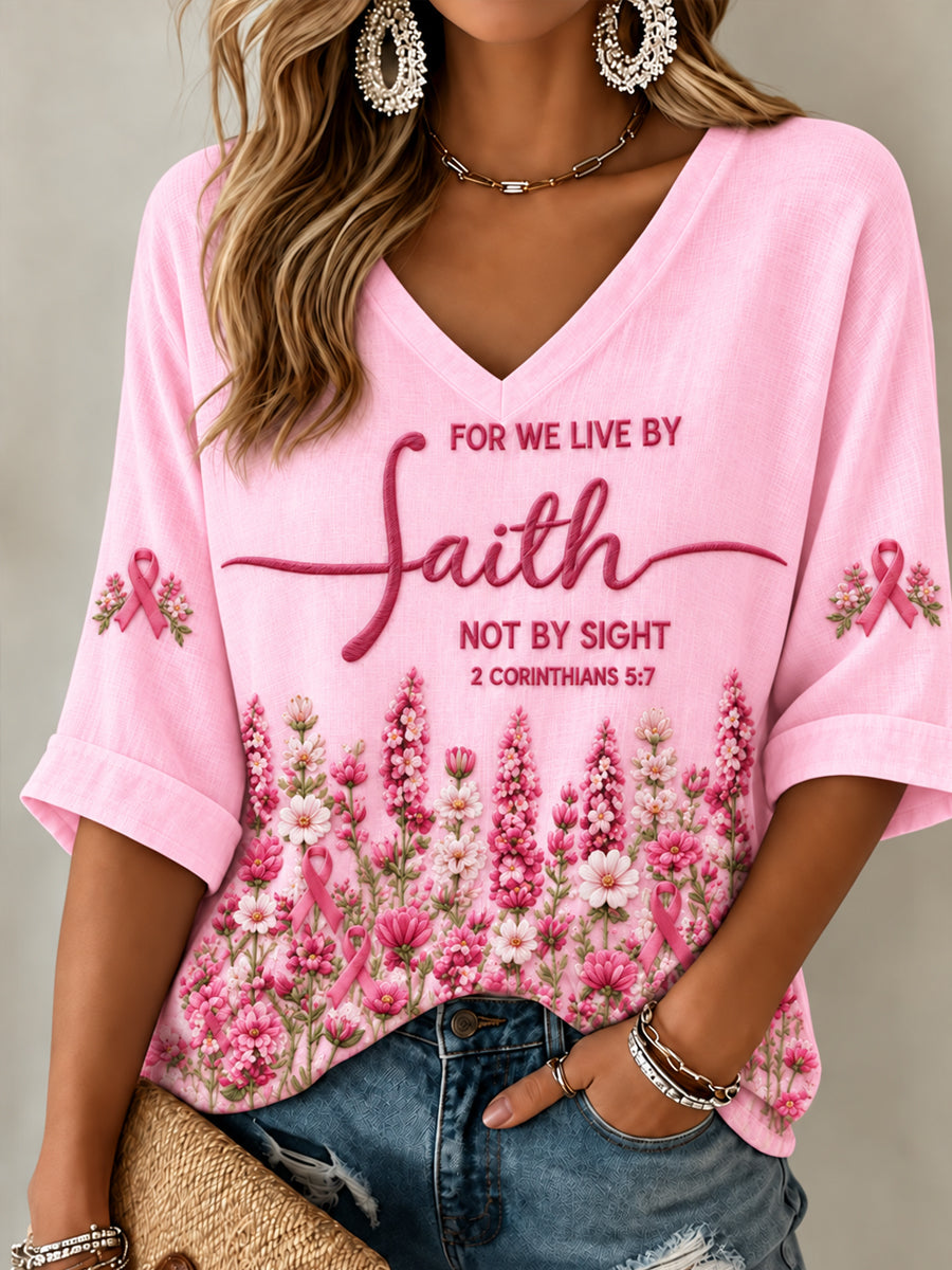 Women's Breast Cancer Awareness Pink Ribbon Support Mid-length Sleeves V-Neck T-Shirt