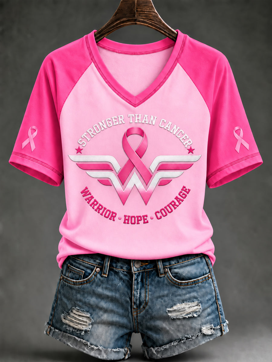 Women's Breast Cancer Awareness Pink Ribbon Support V-neck  Short Sleeve T-shirt