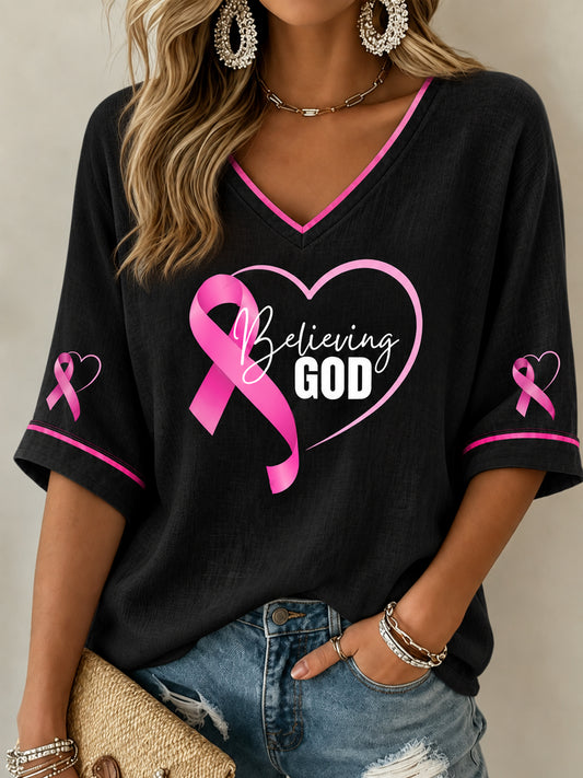 Women's Breast Cancer Awareness Pink Ribbon Support Mid-length Sleeves V-Neck T-Shirt