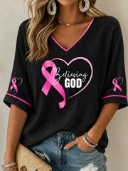 Women's Breast Cancer Awareness Pink Ribbon Support Mid-length Sleeves V-Neck T-Shirt