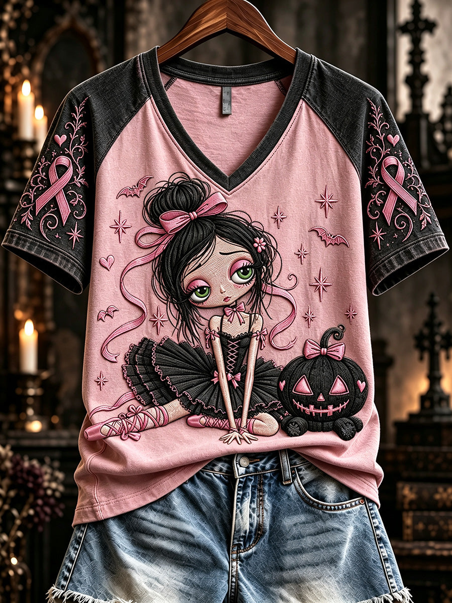 Women's Vintage Gothic Ballerina Girl Print V-neck Short-sleeved T-shirt