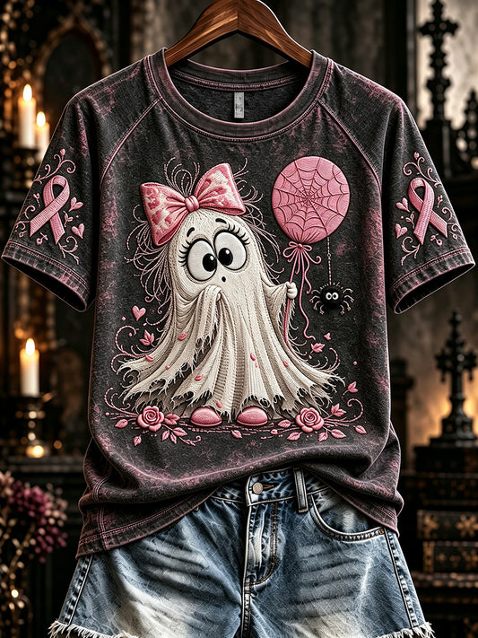 Women's Vintage Gothic Ghost Girl Balloon Pink Ribbon Print Short Sleeve T-shirt