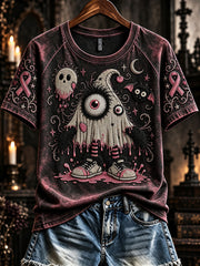 Women's Vintage Cute Pink Halloween Ghost with Balloon Print Short Sleeve T-shirt