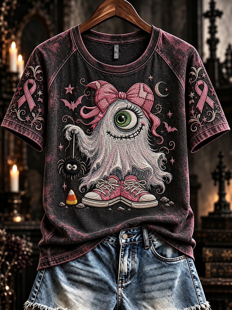 Women's One Eye Halloween Ghost with Spider Pink Ribbon Print Short Sleeve T-shirt