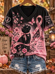 Women's Breast Cancer Awareness Cat Print Casual T-Shirt
