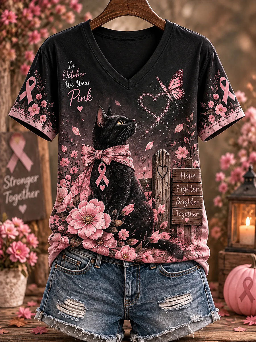 Women's Breast Cancer Awareness Cat Print Casual T-Shirt