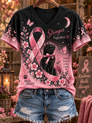Women's Breast Cancer Awareness Cat Print Casual T-Shirt
