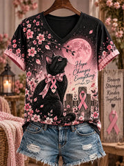 Women's Breast Cancer Awareness Cat Print Casual T-Shirt