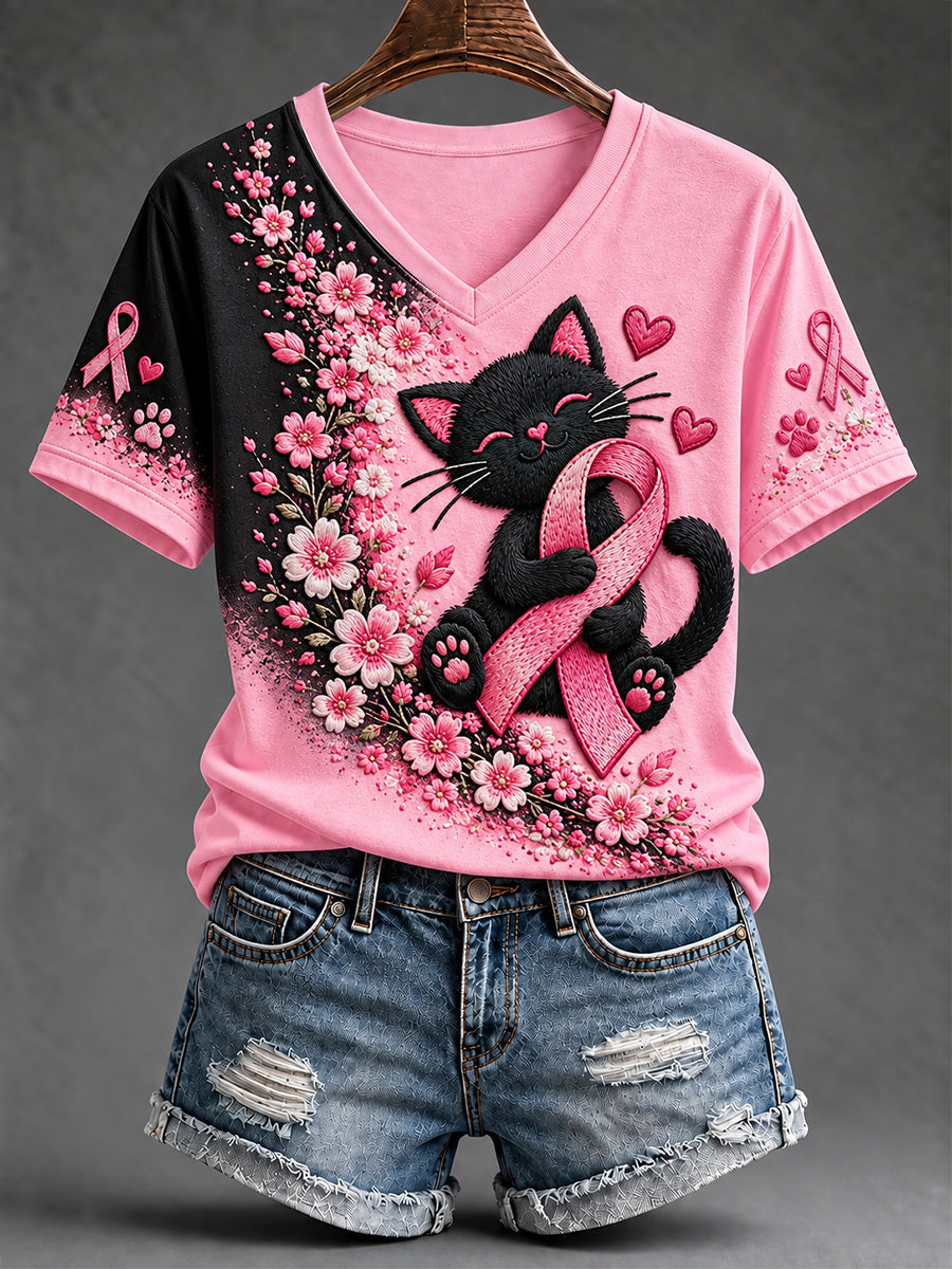 Women's Breast Cancer Awareness Support Print V-Neck Tee