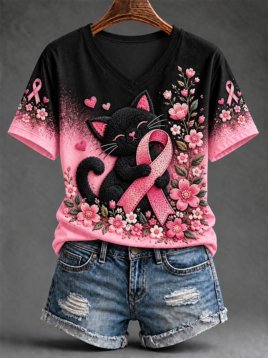 Women's Breast Cancer Awareness Support Print V-Neck Tee