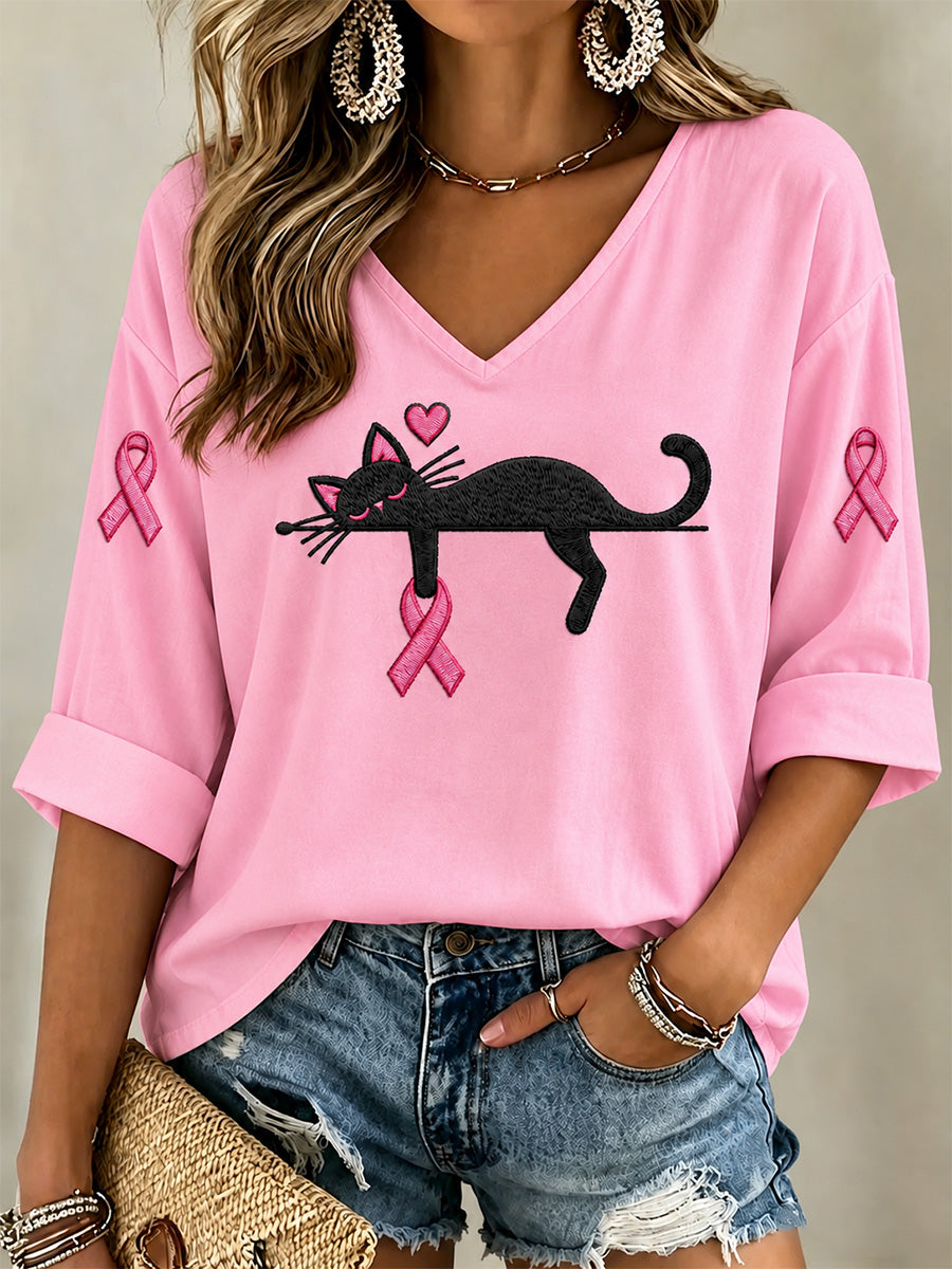 Women's Breast Cancer Awareness Support Print V-Neck Tee