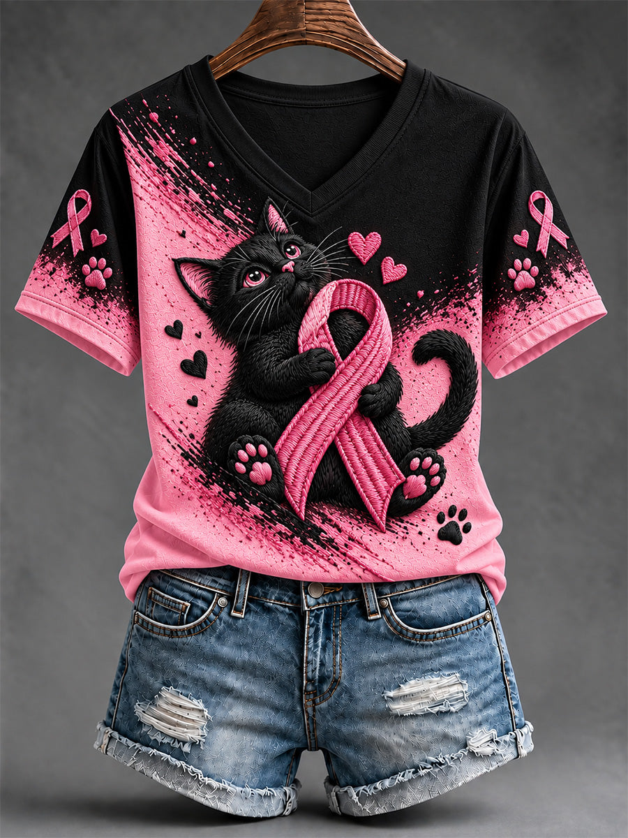 Women's Breast Cancer Awareness Support Print V-Neck Tee